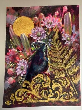 Original raven crow garden painting floral nature art surreal fantasy artwork